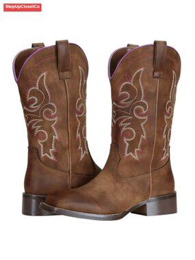 Wide Calf Square Toe Western Cowboy Boots Faux Leather Block Heel